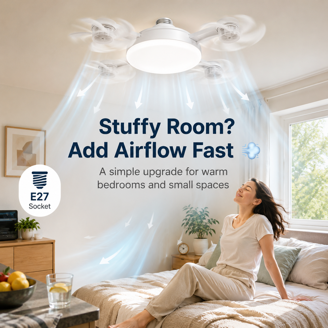 ๐ก E27 Socket Ceiling Fan Light โ 2-in-1 LED Fan Bulb with Remote Control for Bedroom, Kitchen & Home Cooling