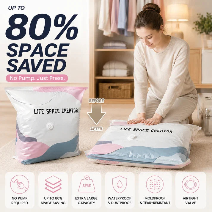 🛏️No-Pump Vacuum Bags – Save 80% Space, Keep Clothes Dry & Dust-Free, for Bedding & Gear