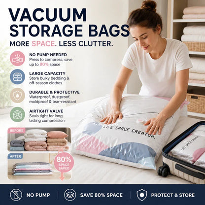🛏️No-Pump Vacuum Bags – Save 80% Space, Keep Clothes Dry & Dust-Free, for Bedding & Gear