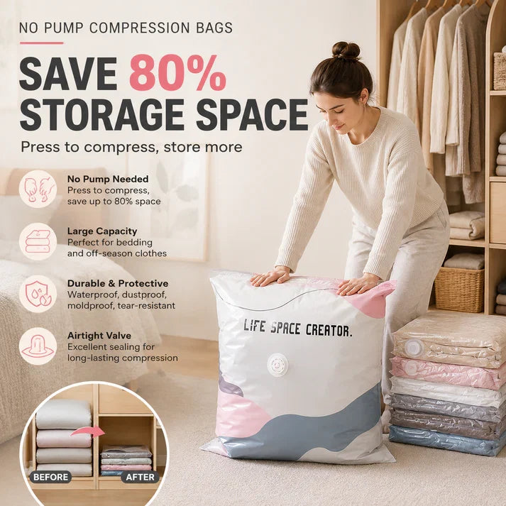 🛏️No-Pump Vacuum Bags – Save 80% Space, Keep Clothes Dry & Dust-Free, for Bedding & Gear