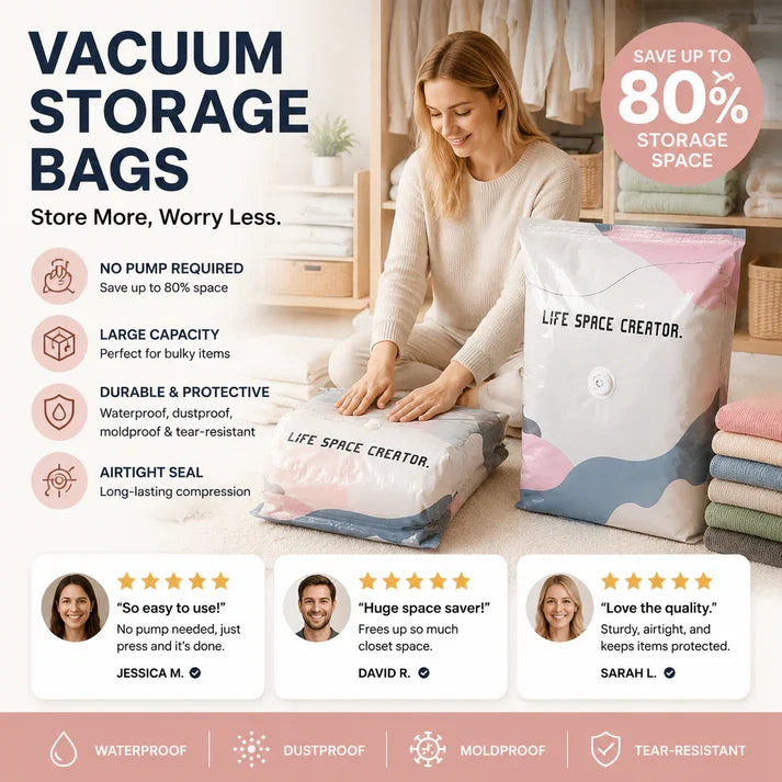 🛏️No-Pump Vacuum Bags – Save 80% Space, Keep Clothes Dry & Dust-Free, for Bedding & Gear