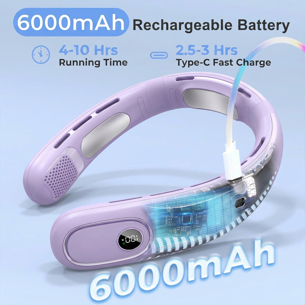 Portable Neck Fan, Hands Free Bladeless Fan, 5 Speeds, 4000 mAh Battery Operated Wearable Personal Fan, Twistable, Rechargeable